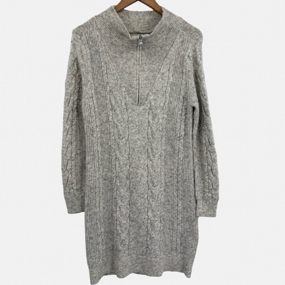 NWT LOFT Cable Knit Half-Zip Long Sleeve Sweater Dress | Grey | Medium